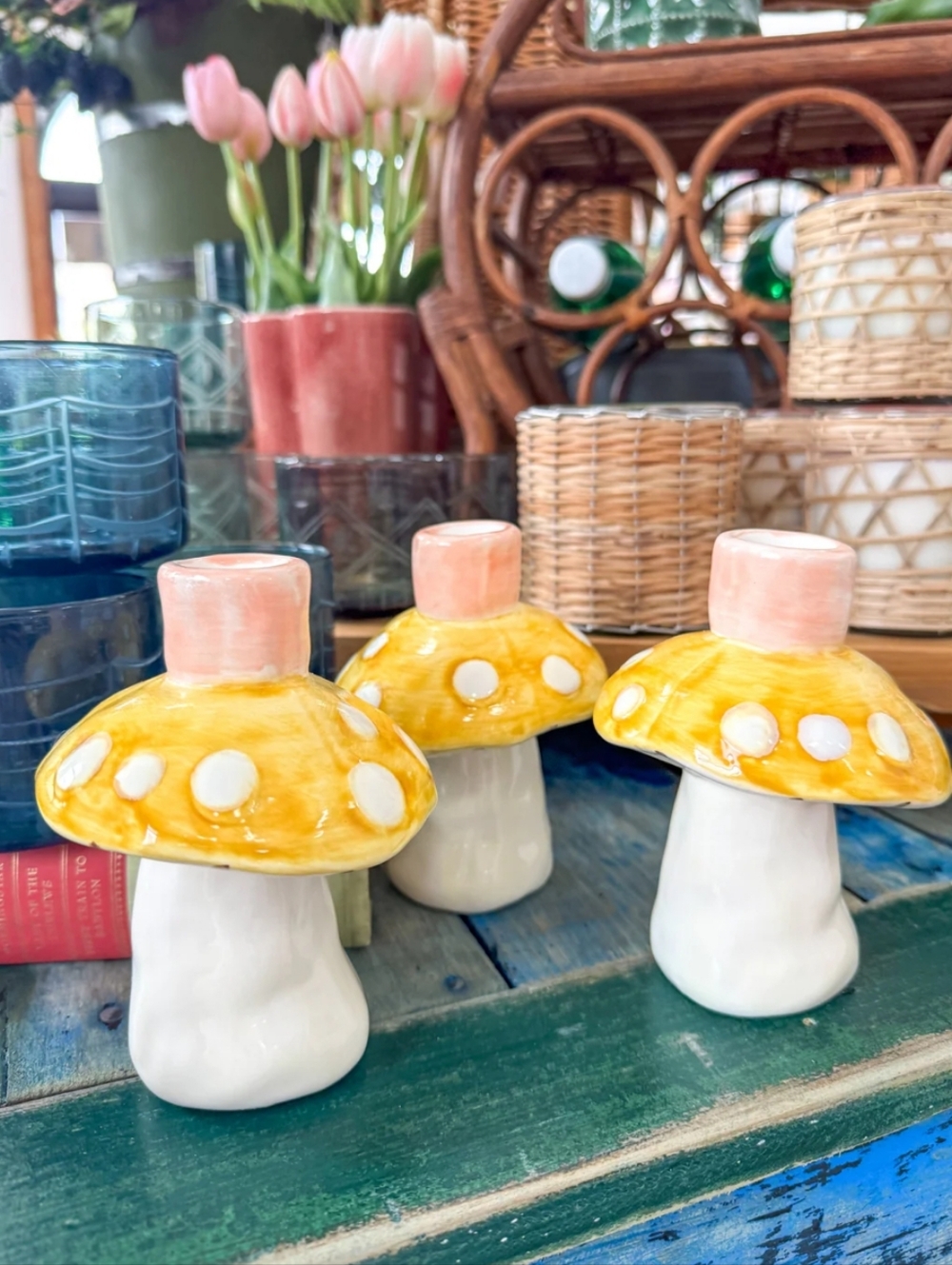 1 Whimsical Hand Painted Pink Mushroom Stoneware Candle Stick Holder